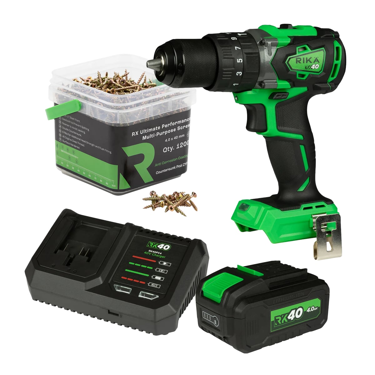 Rikä RK40 40V Drill & Fixings Kit | 79Nm Drill + RX Screws | Brushless | 4.0Ah Battery